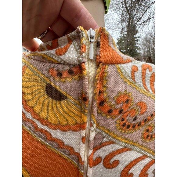 60s Groovy Print Knit Belted Shirt Dress 100% Virgin Wool Long Sleeve Orange Yel - Picture 11 of 16